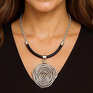 Handmade Turkish Artisan Leather Necklace Bold Zamak Spiral Flower Pendant